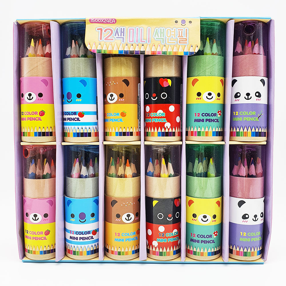 1500 12컬러 미니색연필 24개입 1박스-원통형 케이스 휴대용 색연필 답례품 단체선물