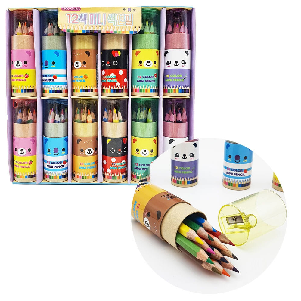 1500 12컬러 미니색연필 24개입 1박스-원통형 케이스 휴대용 색연필 답례품 단체선물